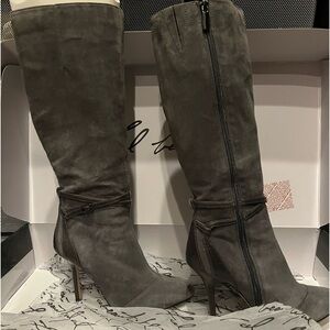White House Black Market Alexina Grey Suede Boots with Buckle Detail
